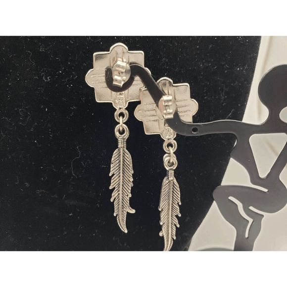 Silver-tone and Turquoise /Red Square w/Feathers Earrings - 1.75" inches - Picture 2 of 3